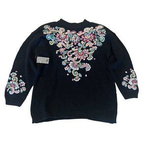 Vintage BOAZ NWT Black Pastel Embroidered Pearls Sweater Ramie Cotton  Sz 22-24